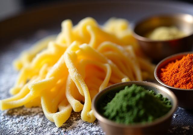 Dettaglio di spezie colorate accanto a pasta fresca artigianale